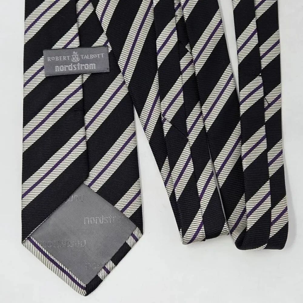 ROBERT TALBOTT SILK TIE REPP STRIP BLACK PURPLE WHITE LUXURY LONG 3.75" X 64"